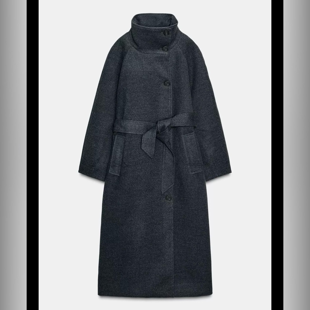 ZARA SOFT HIGH-NECK BELTED COAT XS